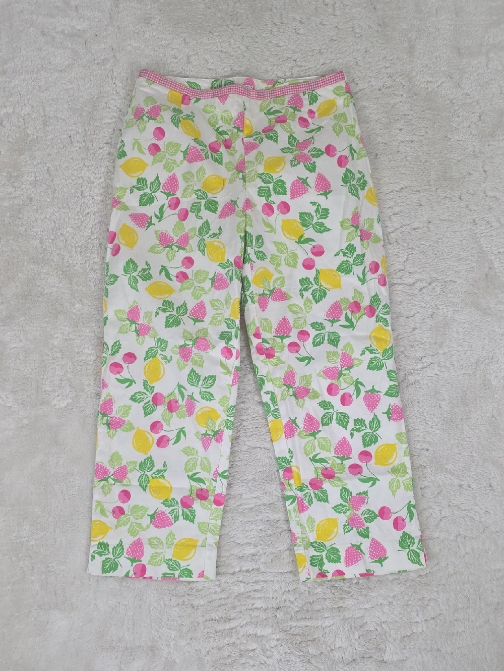 Bamboo Traders White Cotton Pants with Pink, Yellow & Green Fruit Print